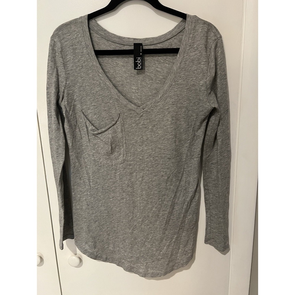 Bobi Los Angeles V-Neck‎ Pullover Long Sleeve Heather Gray Top Size XS Pocket